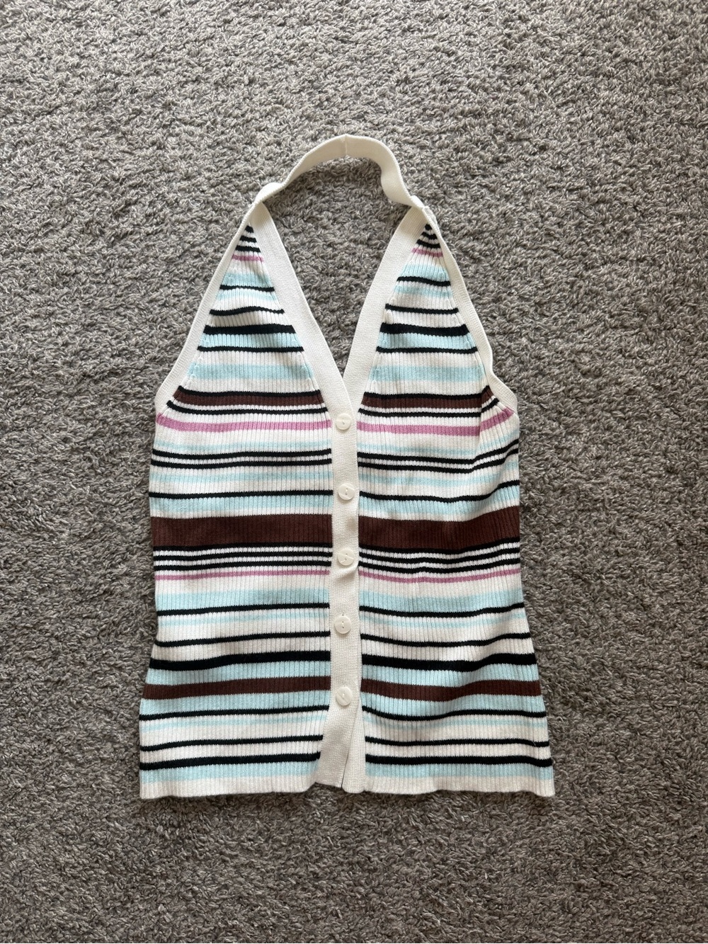 Striped Knit Halter Button-Front Top in Cream, Brown & Mint